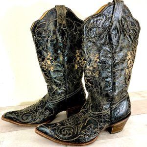 Corral Black Tegu Lizard Inlay  Distressed Vintage Style Western Boots